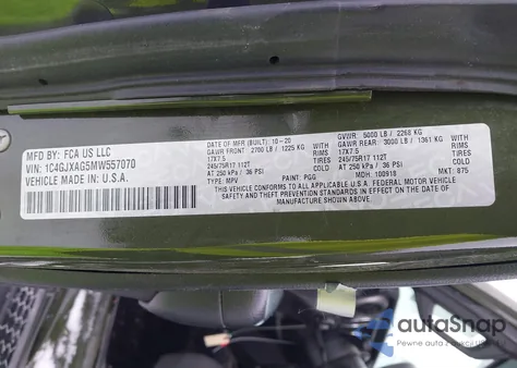 2021 Jeep Wrangler Sport 4X4 z USA, uszkodzony, nr VIN 1C4GJXAG5MW557070